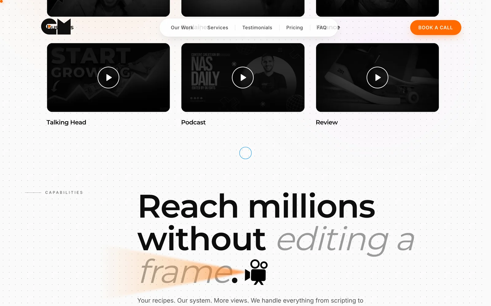 Gimmic Media website portfolio section showing video work in a grid.